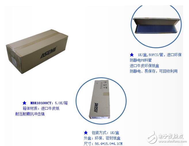 ASEMI肖特基二極管MBR10100CT采用防靜電PE料管包裝防靜電、易保存，可回收利用