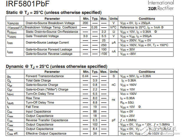 irf5801pbf，F(xiàn)ET的功率MOSFET數據手冊