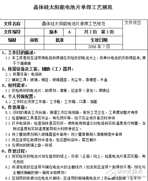 晶體硅太陽能電池片工藝規(guī)范和組件測試及清理工藝規(guī)范介紹