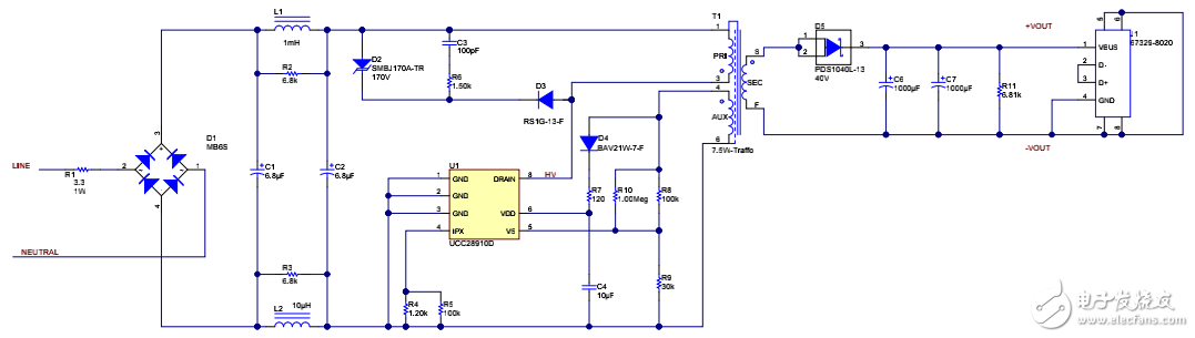 85VAC-265VAC 輸入、5V7.5W 低成本、小尺寸反激電路原理圖的分享