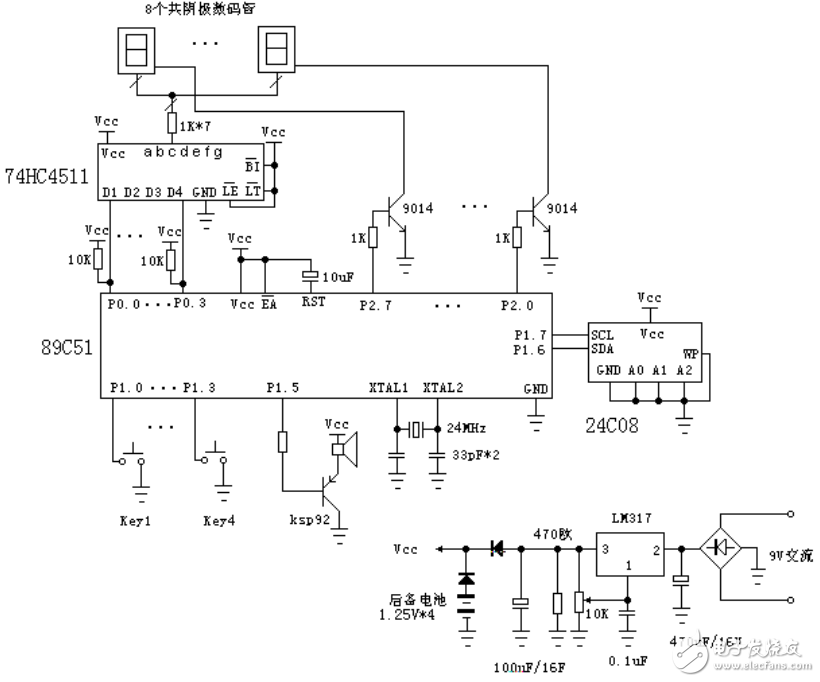 基于89C51單片機(jī)8個(gè)鬧鐘時(shí)間的智能時(shí)鐘的設(shè)計(jì)（附電路圖和程序代碼）