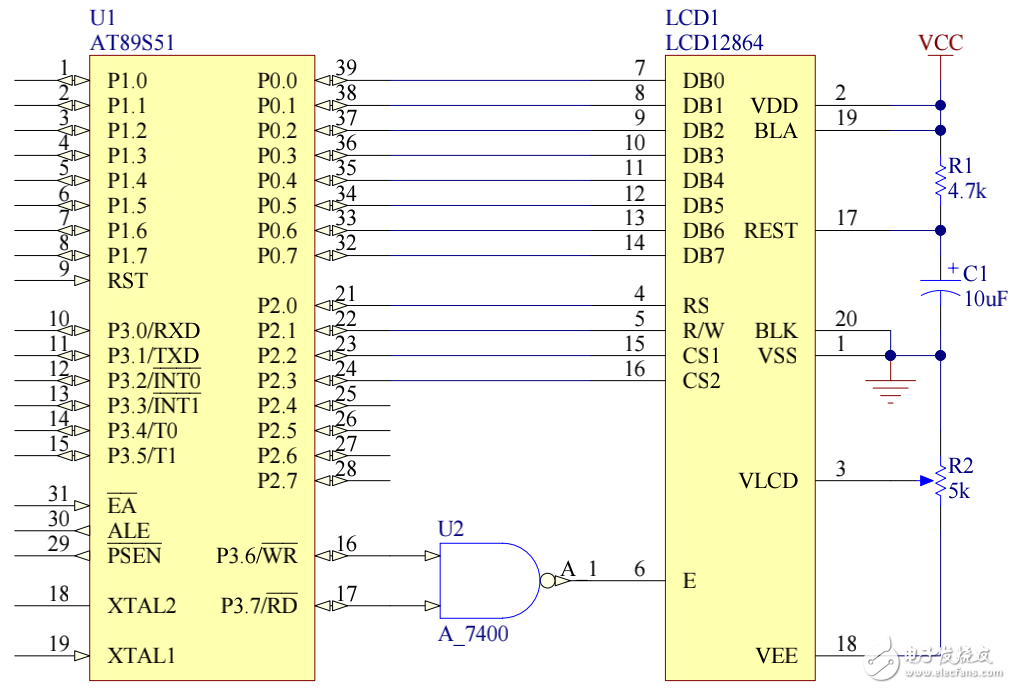 點陣式LCD12864接口與程序設(shè)計分析及總線驅(qū)動模式電路連線圖的介紹