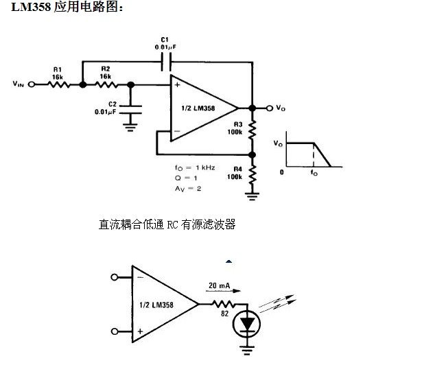 6種簡單電路圖之LM358應(yīng)用電路圖（直流耦合低通RC有源濾波器 低漂移峰值檢測器）